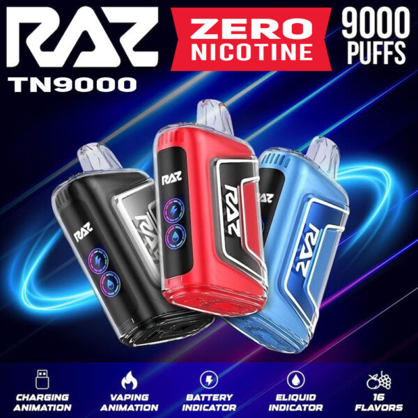 RAZ TN9000 (ZERO NICOTINE) 9000 PUFFS RECHARGEABLE DISPOSABLE VAPE - DISPLAY OF 5 - Image 4