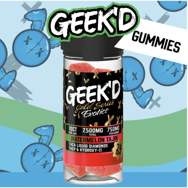 GEEK'D Exotic THC-A Liquid Diamonds Gold Series Blend 7500MG Gummies Jar – Display of 6
