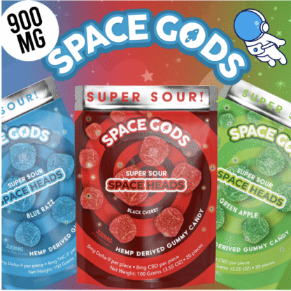 SPACE GODS Super Sour Space Heads 900MG Delta 9 THC + CBD Gummies – 15ct Bags | Display of 5