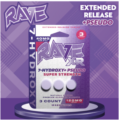 RAVE Kratom Super Strength 7-Hydroxy + Pseudo 40mg Tablets – 3-Pack – Display of 10