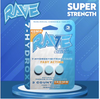 RAVE Kratom Super Strength 7-Hydroxy 40mg Tablets – 3-Pack – Display of 10