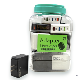 NBC 120W Home Adapter – 3 USB + 3 Type-C Fast Charger – 25 Count Jar